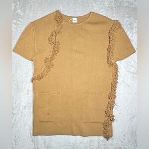 NWT Akep Italian Wool Blend Knit Fringe Boho Tan Brown Boxy Tunic Top 40 US S